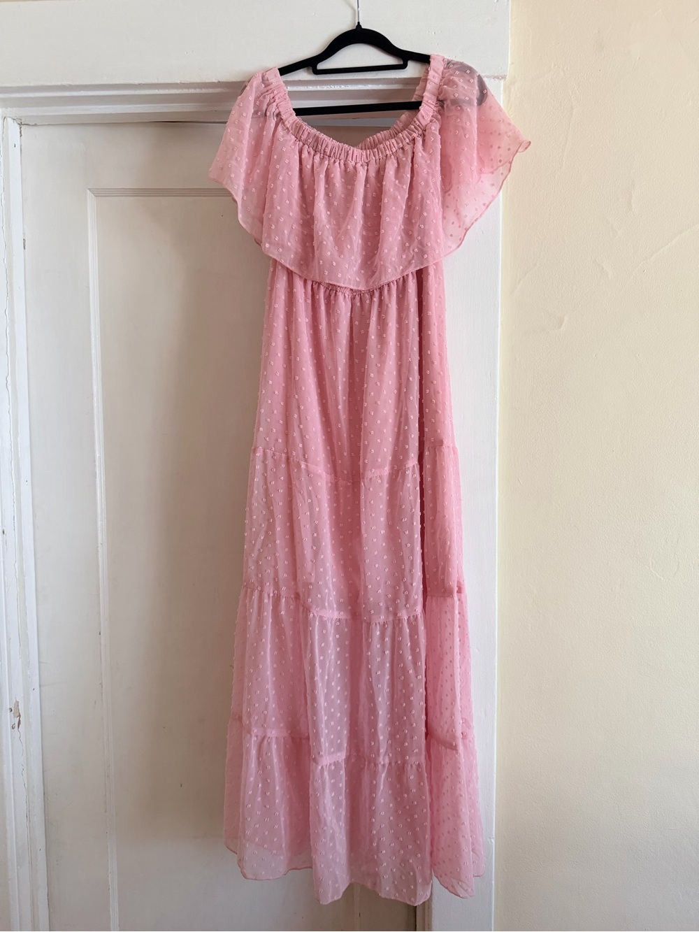 Women's Pink Off-Shoulder Midi Dress with Swiss Dot Overlay